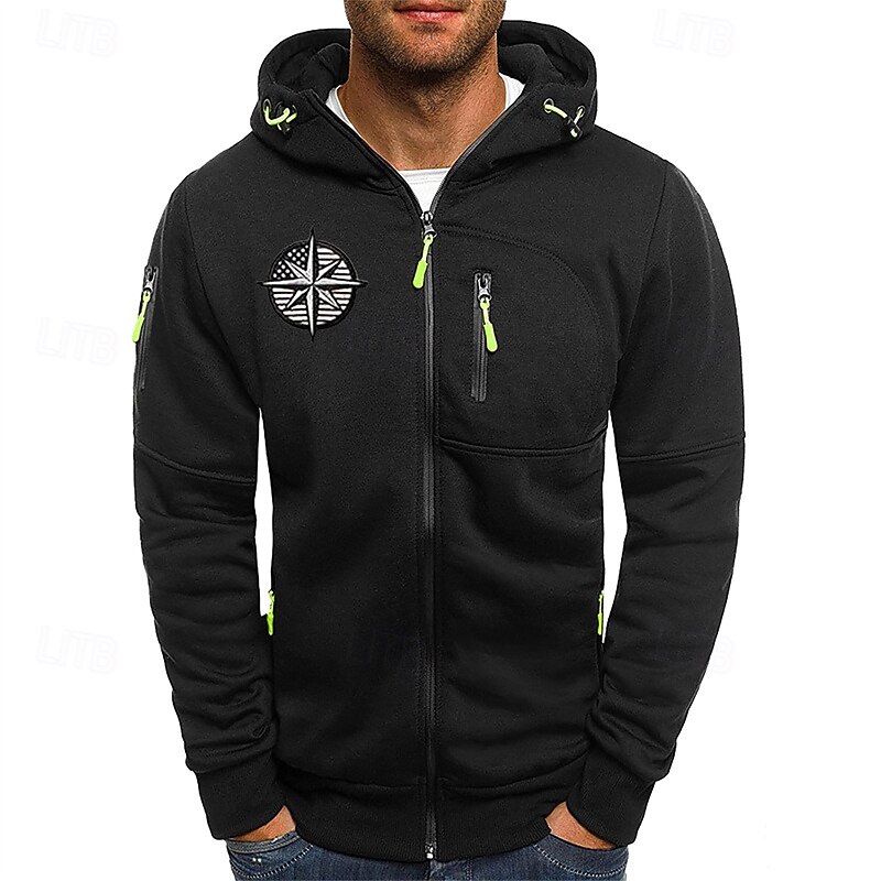 Men's Hoodie Full Zip Hoodie Black White Navy Blue Light Grey Dark Gray Hooded Print Zip Up Patchwork Sports & Outdoor Daily Holiday Polyester Streetwear Basic Casual Spring Fall Clothing Apparel4