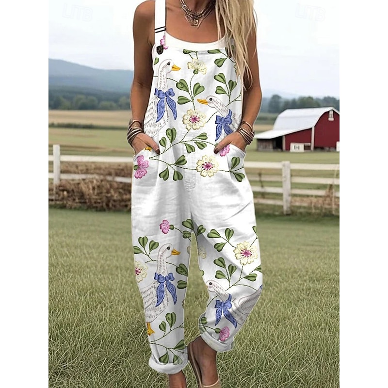 Women's Dungarees Active Floral Sleeveless Sleeveless Harem Pocket Buttons Vacation Street Loose Fit White Yellow Light Green Summer2