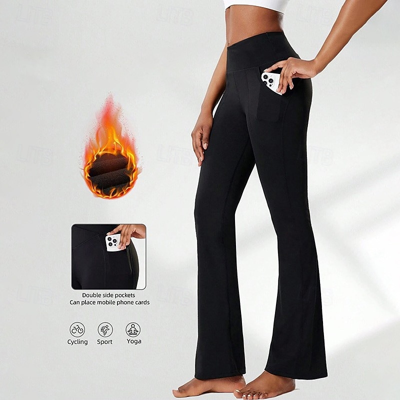 Women's Flared Pants Fleece Yoga Leggings Tummy Control High Waist Gym Dance Athletic Bottoms Solid Color Black Sports Activewear Tight Fit
