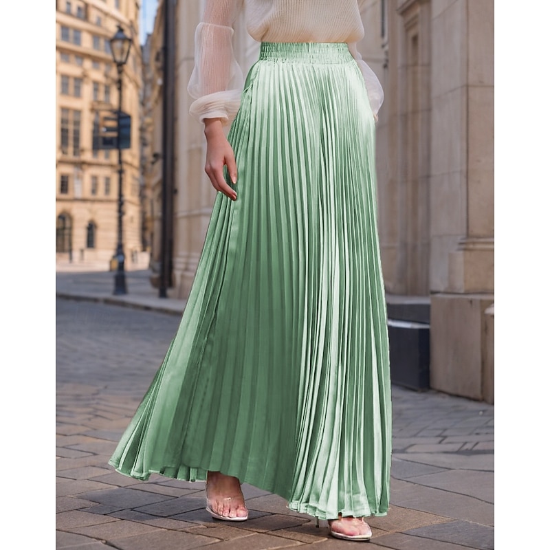 Women's Skirt Long Skirt Fashion Long Maxi High Waist Skirts Solid Colored Ruched Pleated Shimmery Micro-elastic Daily Holiday Apple Green Apricot Wine Red Pink purple Spring, Fall, Winter, Summer3