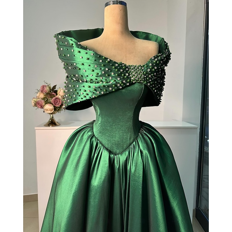 A-Line Evening Gown Elegant Dress Formal Wedding Floor Length Short Sleeve Off Shoulder Stretch Satin with Glitter Pearls Beading3