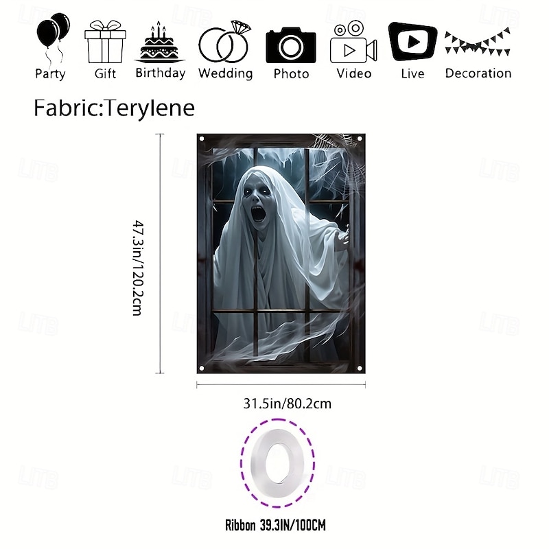 Halloween Window Banner Decoration 1pc Scary Ghost Design Polyester Fabric Indoor Wall and Window Decor for Parties and Carnivals No Electricity Required Versatile Holiday Accessory2
