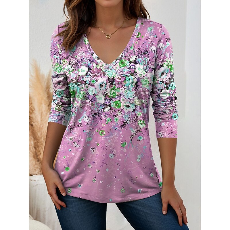 Women's T Shirt V Neck Long Sleeve Tunic Floral Graphic Plants Vintage Stylish Classic Regular Tops Daily Print Pink Blue Green Summer Spring Fall4