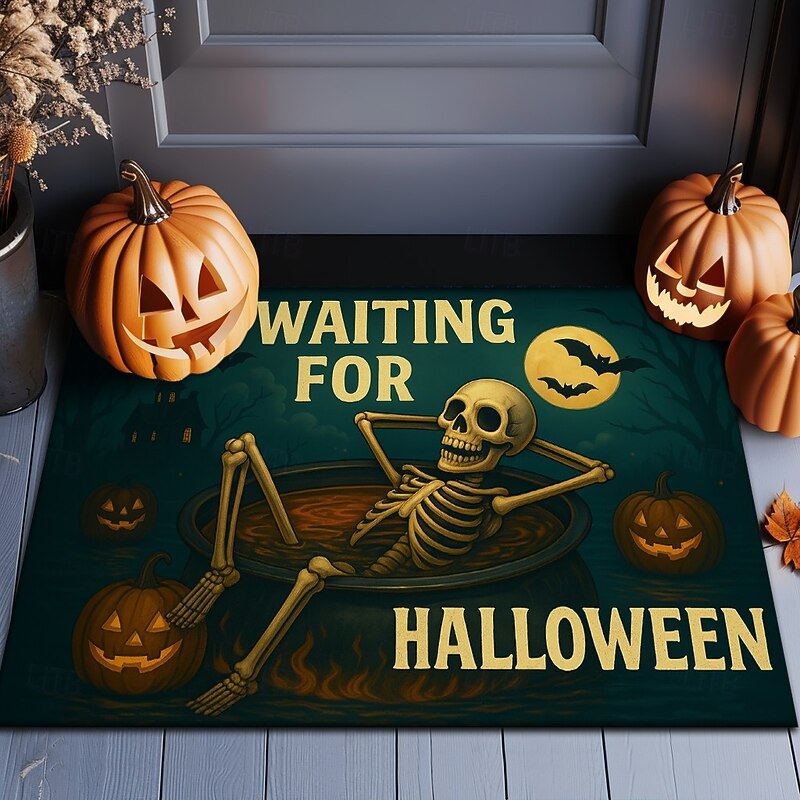 Halloween Indoor Outdoor Doormat Kitchen Mat Funny Skeleton Waiting for Halloween, Non-Slip Front Door Mat for Porch, Entryway, Patio, Bedroom, Bathroom and 2025 Halloween Home Decoration2