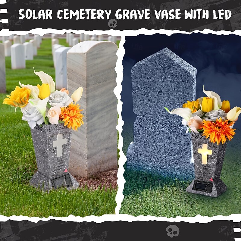 Solar Cemetery Grave Vase with LED for Fresh Artificial Flowers Headstones Vases with Spikes Grave Decorations for Cemetery Grave Markers Decor Halloween Christmas Decoration Memorial Gifts4