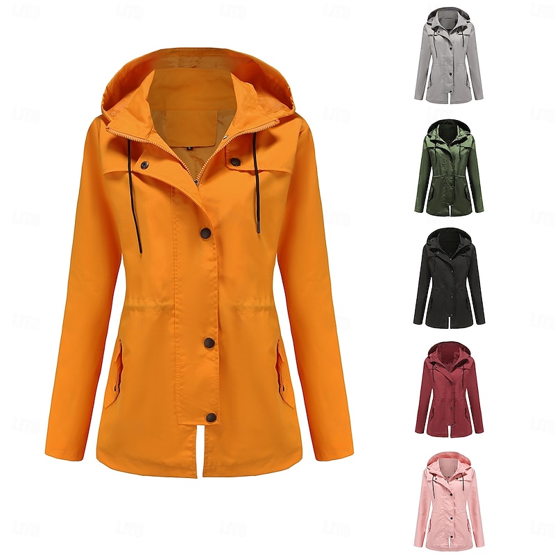 Women's Coat Waterproof Comfortable Pocket Full Zip Fashion Street Style Plain Outdoor Casual Daily Long Hooded Regular Fit Long Sleeve Outerwear Black Yellow Pink Spring Fall