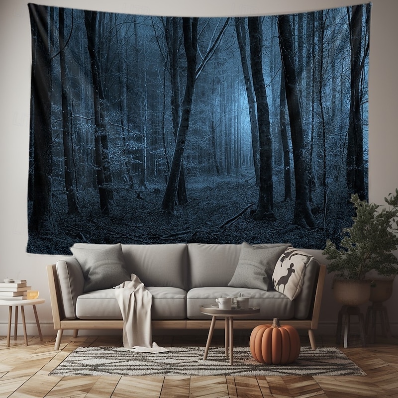 Halloween Forest Scene Wall Tapestry Backdrop – Spooky Dark Woods with Jack-o'-Lanterns, Creepy Night Atmosphere, Haunted Home Decoration for  2025 Halloween bedroom and livingroom2
