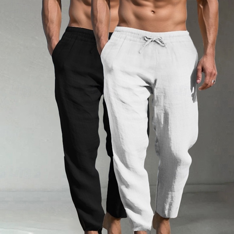 Men's Linen Pants Trousers Summer Pants Baggy Pants Beach Pants Pocket Elastic Waist Drawstring Plain Comfort Full Length Daily Weekend Vacation Streetwear Black+Grey White+khaki Inelastic2