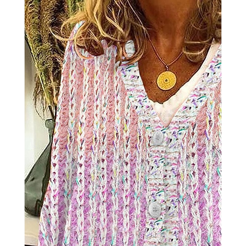 Women's Sweater Cardigan Fashion Streetwear Daily Striped Ribbed V Neck Knitted Print Long Sleeve Regular Tops Knit Holiday Going out Weekend Pink Fall Winter2