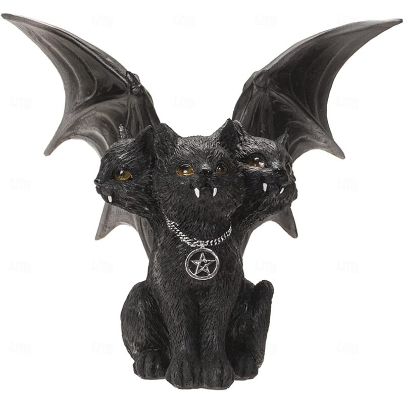 Halloween Black Evil Three-Headed Cat Resin Figurine with Bat Wings, Spooky Gothic Home Decor, Unique Resin Sculpture4