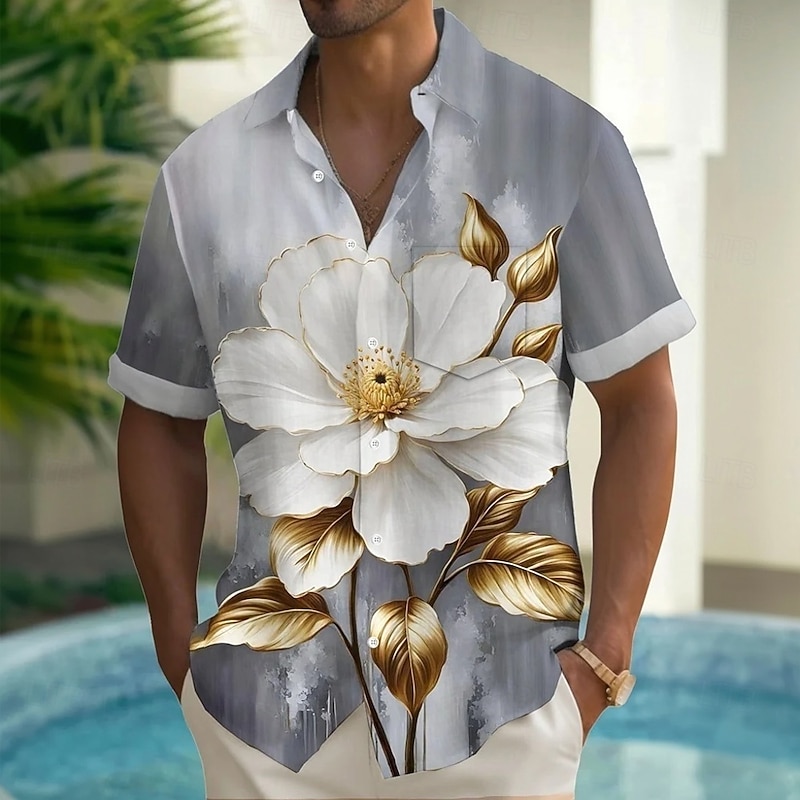 Men's Floral Print Lily Flowers Summer Hawaiian Shirt Button Up Shirt Aloha Shirt Short Sleeve Hawaiian Holiday Beach Wear Summer Spring Turndown 3D Print Collared Shirts Front One Pocket Light Blue2