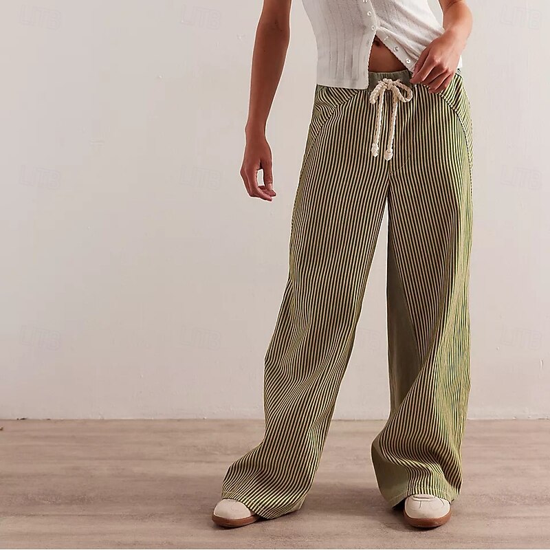 Women's Cotton  Blend Denim Culottes Wide Leg Vacation Vintage Stylish Full Length Mid Waist Striped Patchwork Stripe Comfy Inelastic Outdoor Vacation Home Navy Earthy yellow Black Army Green2