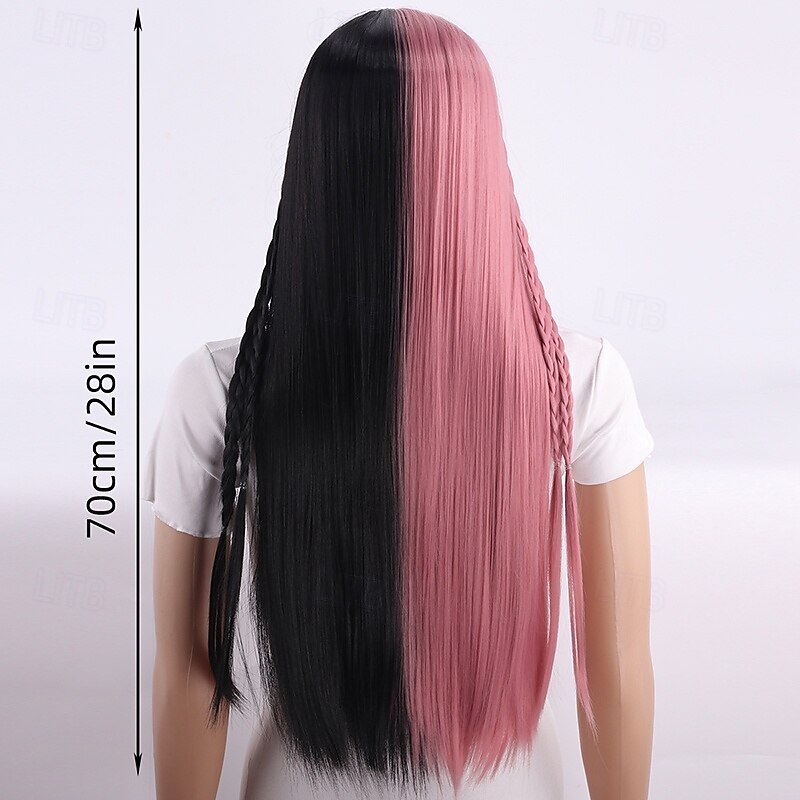 Pink and Black Long Straight Wig for Women – Full Head Cap, Realistic Model Wig, Perfect for Halloween Cosplay, Fashion, and Daily Wear2