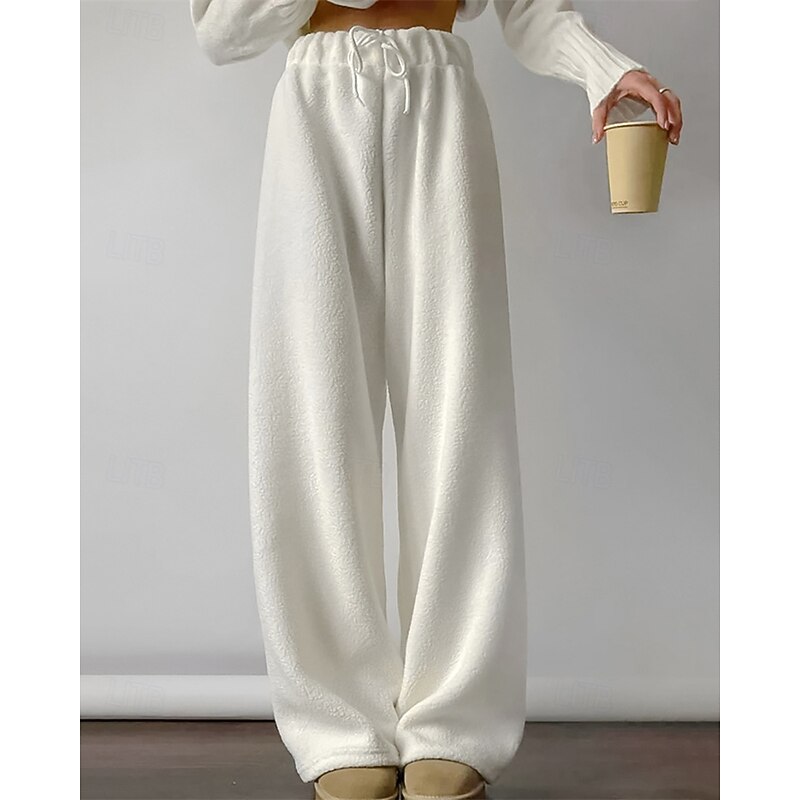 Women's Fleece Pants Pants Trousers Straight Fashion Streetwear Full Length High Waist Plain Drawstring Elastic Waist Breathability Comfortable Micro-elastic Street Daily Wear Going out White Brown4