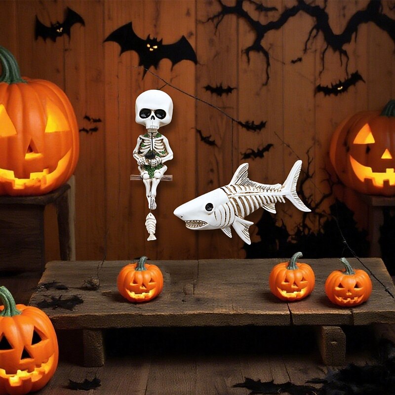 2PCS Halloween Resin Skeleton Fishing Shark Decor, Creative Wall Hanging Ornaments for Home, Fish Tank Landscape, and Light Switch Decoration4
