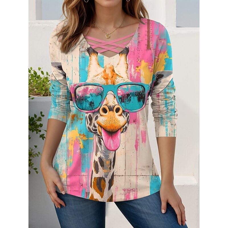 Women's T shirt Long Sleeve Graphic Animal Giraffe Vintage Stylish Classic Long Sleeve V Neck Regular Tops Daily Cut Out Print Pink Blue Green Rose Pink Spring Fall Prefall