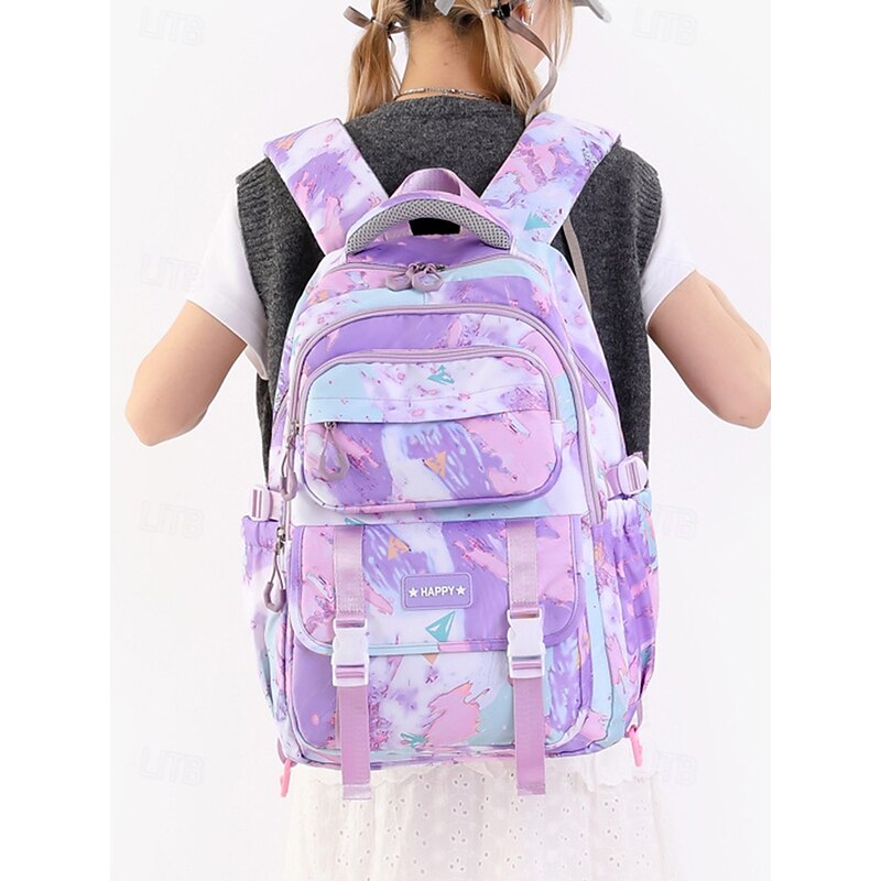 Teen Girl''s Water-Repellent Large Capacity Backpack – Pastel Marble Print School Bag with Multi-Compartments and Padded Straps for Middle and High School2