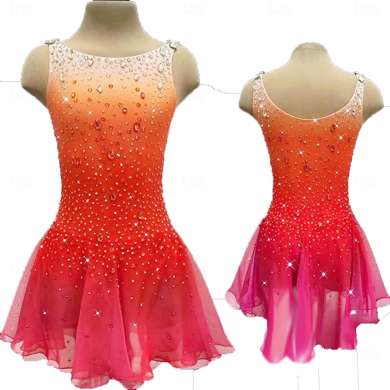 Figure Skating Dress Women's Girls' Ice Skating Dress Orange Thumbhole Halo Dyeing High Elasticity Professional Competition Skating Wear Thermal Warm Crystal / Rhinestone Sleeveless Ice Skating
