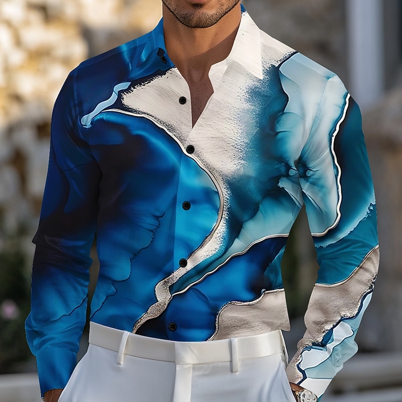 Men's Marble Gradient Color Abstract Liquid Art Shirt Satin Shirt Dress Shirt Long Sleeve Fashion Casual Vacation Dailywear Summer Spring Fall Turndown 3D Print Button Up Shirts Blue 2# Blue 1# Blue