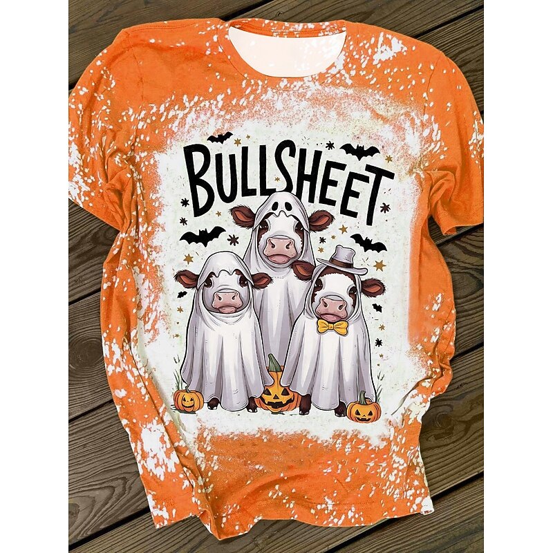 Halloween Women's T Shirt Skulls Graphic Vintage Stylish Casual Short Sleeve Crew Neck Regular Tops Daily Weekend Print Yellow Orange Rose Pink Summer Fall3