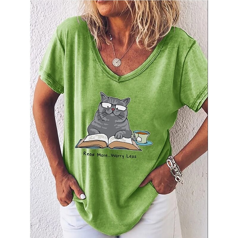 Women's T Shirt Graphic Animal Letter Vintage Stylish Classic Short Sleeve V Neck Regular Tops Daily Print Black White Pink Blue Green Summer Spring Read More Worry Less Cute Cat3