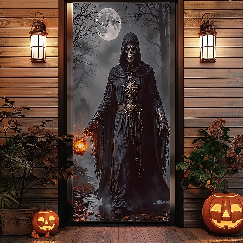 Halloween Door Covers Death God Door Tapestry Door Curtain Decoration Backdrop Door Banner for Front Door Farmhouse Holiday Party Indoor Outdoor Decor Supplies4