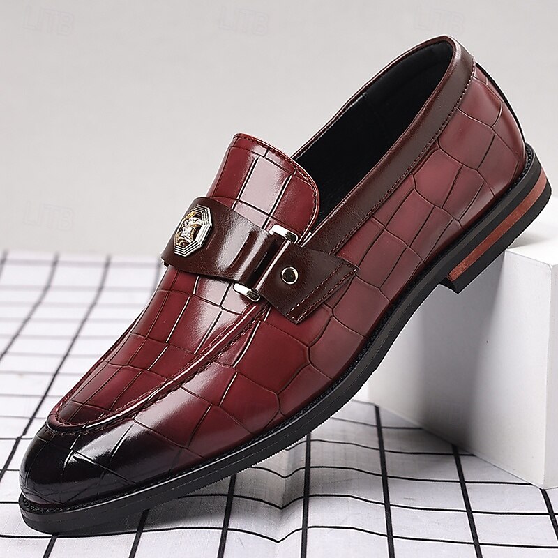 Men's Burgundy Crocodile Embossed Faux Leather Loafers – Decorative Metal Buckle Dress Shoes for Businessmen, Formal Events and Banquets