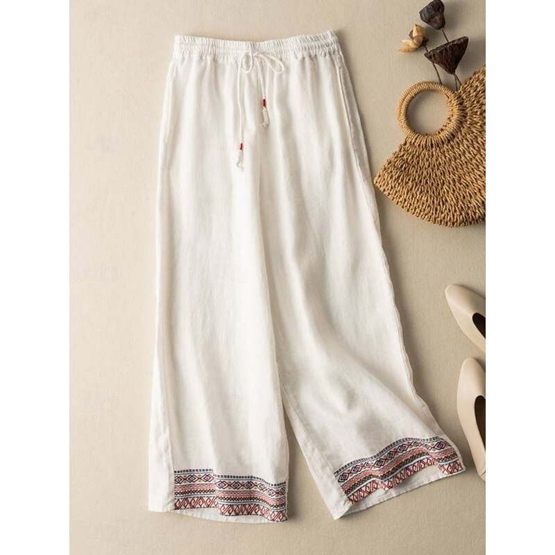 Women's Cotton Linen Pants Chinos Pants Trousers Fashion Ethnic Style Basic Full Length High Waist Floral Embroidered Pocket Drawstring Comfort Outdoor Micro-elastic Vacation Street Daily Apricot2