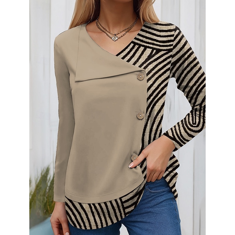 Women's Blouse Tunic V Neck Long Sleeve Buttons Graphic Geometric Fashion Casual Regular Tops Daily Patchwork Print Black Light Brown Khaki Spring Fall Winter2