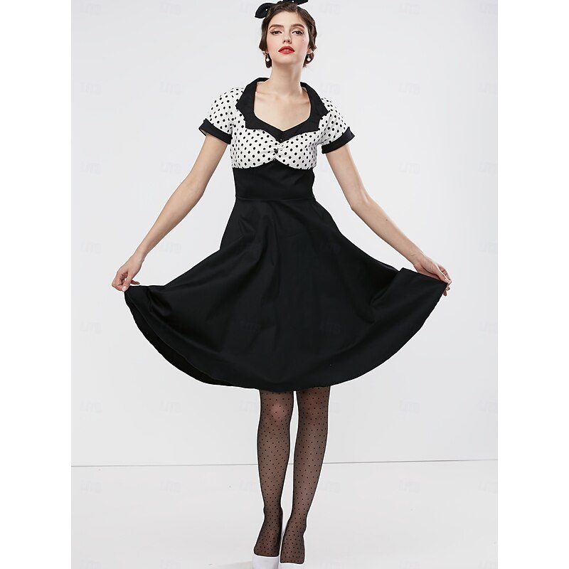 Vintage 1950s Grease Outfits Rockabilly Midi Dress A Line Dress Flare Dress Polka dots A-Line V Neck Fancy Dress Women's Valentine's Day Vacation Party Retro Adults' Dress Spring2