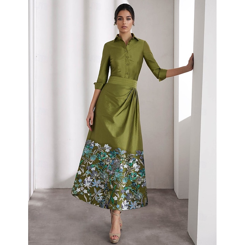 A-Line Mother of the Bride Evening Gown Elegant Dress Formal Wedding Floor Length Long Sleeve Shirt Collar Pocket Satin with Glitter Pocket