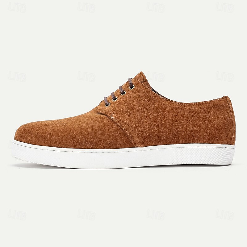 Men's Tan Cowhide Suede Lace-up Sneakers with White Rubber Sole Casual Everyday Shoes for Walking, Travel and Outdoor Activities3
