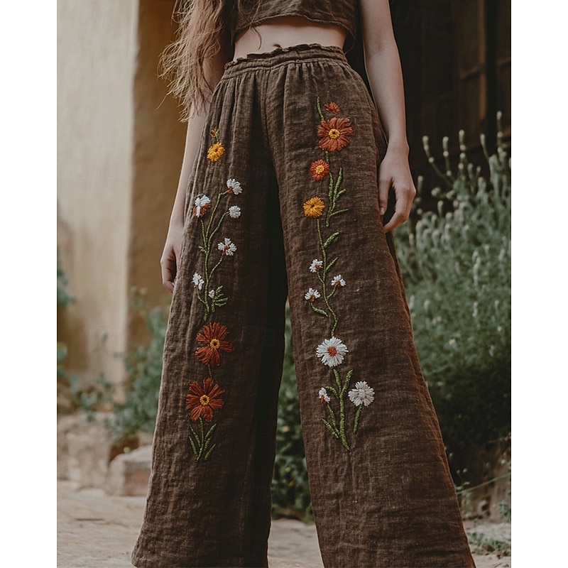 Women's Wide Leg Pants Trousers Palazzo Pants Fashion Boho Full Length High Waist Flower Elastic Waist Print Breathability Comfortable Street Daily Wear Going out dark brown Coffee Spring Fall2