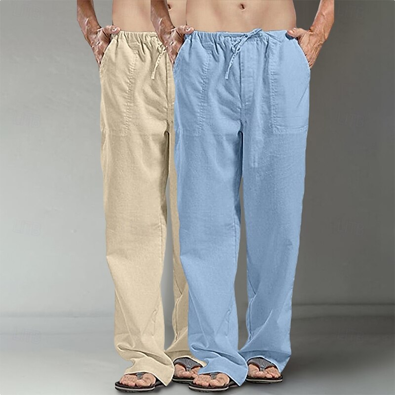 Men's Linen Pants Trousers Summer Pants Baggy Pants Beach Pants Pocket Drawstring Straight Leg Plain Comfort Breathable Full Length Daily Streetwear Fashion Casual / Sporty Black+Navy Blue Navy3