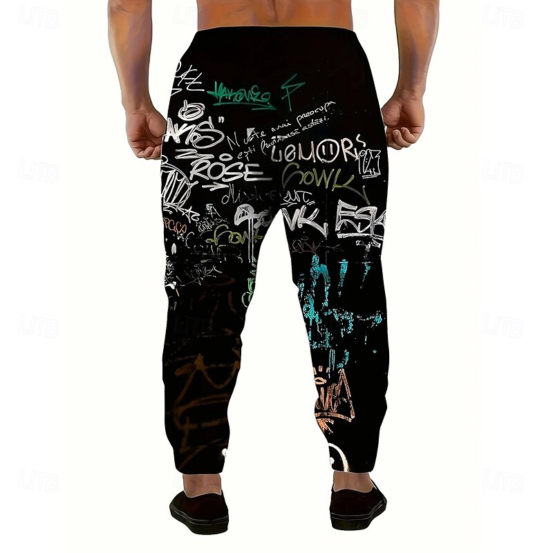 Men's Colorful Graffiti Sweatpants Joggers Trousers Mid Waist Drawstring Elastic Waist Casual Jogging Streetwear Workout Athletic Sweatpants with Pockets Spring Fall 3D Print Black 1# Black2