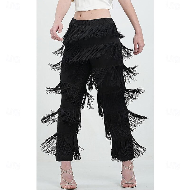 BH1985 Women's 7 Tier Tassel Latin Dance Pant Ballroom Dance Professional Black Adult Fringe Practice Pants3