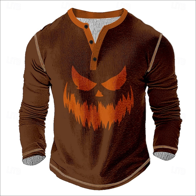 Men's Halloween Pumpkin Henley Shirt Waffle T Shirt Long Sleeve Vintage Daily Retro Vintage Sports Outdoor Casual Holiday Fall Spring & Summer All Seasons Dark Brown Black Orange Henley Henley T-Shirt2
