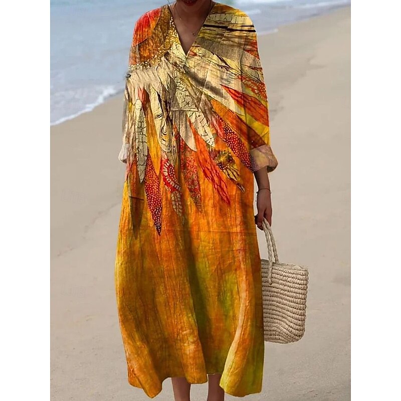 Women's Midi Dress V Neck Long Sleeve Kaftan Lightweight Loose Fit A Line Dress Casual Boho Going out Floral Graphic Long Sleeve V Neck White Pink Orange off-white Fall