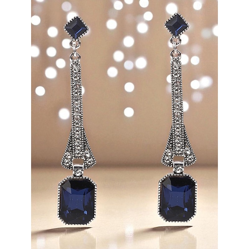 Women's 1920s Gatsby Drop Earrings - Art Deco Long Dangle Earrings with Blue Gemstones and Rhinestones for Roaring Twenties Parties2