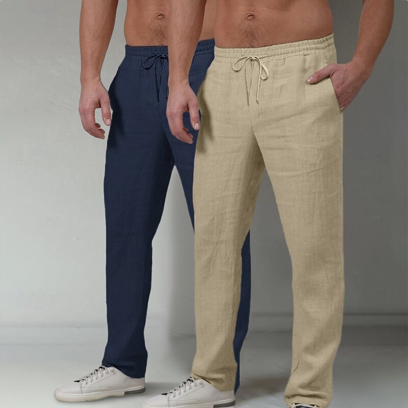 Men's Linen Pants Trousers Summer Pants Beach Pants Elastic Waist Drawstring Plain Comfort Full Length Outdoor Casual Daily Vacation Streetwear White+Navy Blue Navy Blue+Dark Gray Inelastic2