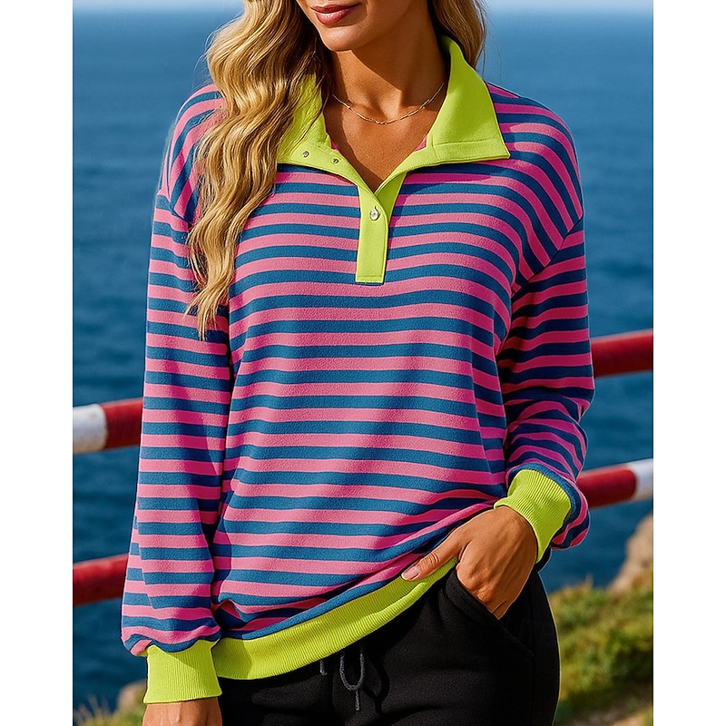 Women's Pullover Sweatshirt Casual Tops Clashing Colors Fashion Long Sleeve Top Athleisure Fall Stripes Windproof Hiking Workout Running Sportswear Activewear Yellow Red Blue