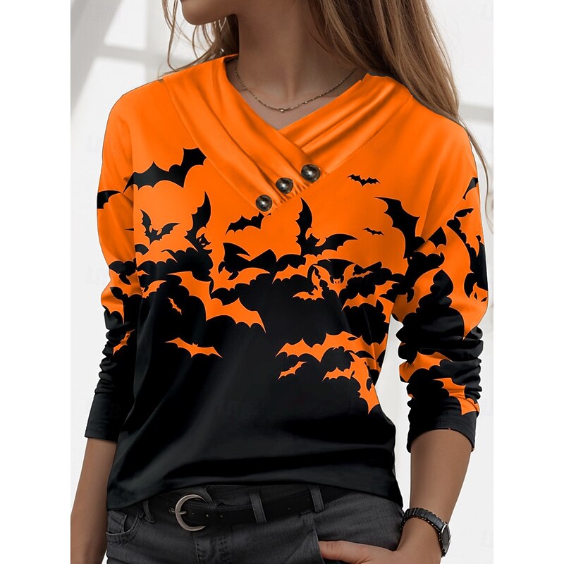 Halloween Women's T shirt Pumpkin Vintage Stylish Casual Long Sleeve V Neck Regular Tops Daily Buttons Print Black Yellow Orange Fall Winter3
