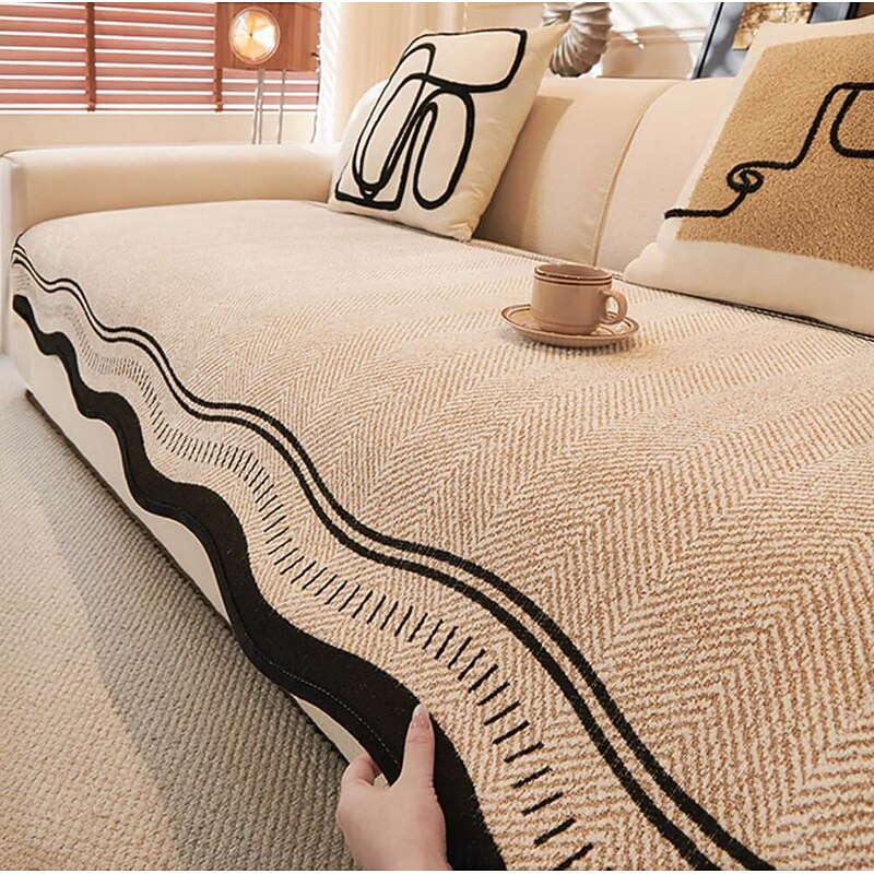 Non-Slip Sofa Cover Herringbone Chenille Couch Cover with Wavy Edges Pet Friendly4