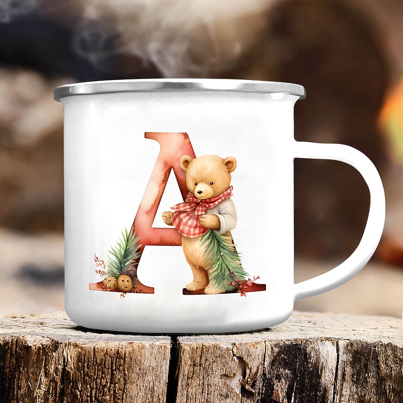 Personalized Christmas Enamel Mug 350ml, Custom Holiday Letter Mug for Friend, Family or Lover, Festive Christmas Cup Gift, Vintage Camping Style Tableware for Holiday Decoration4