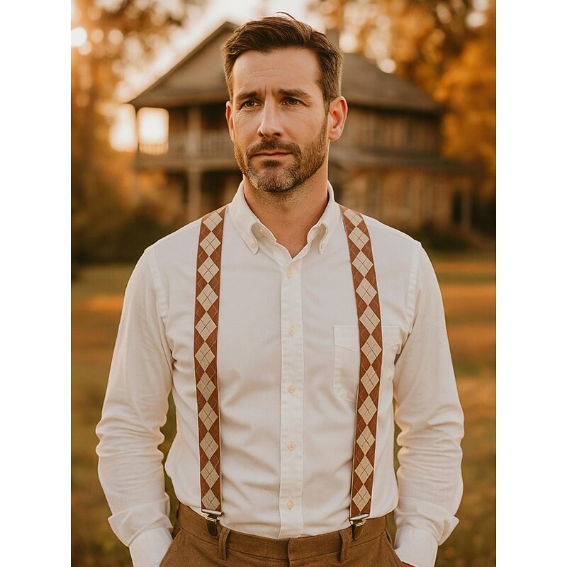 Men's Argyle Pattern Clip-On Suspenders – Classic Adjustable Elastic Braces for Wedding, Formal Events and Vintage Outfits