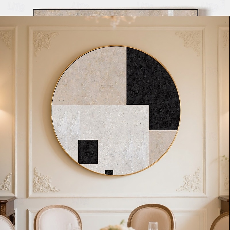 Handmade Circular Abstract Oil Painting Geometric Division Textured Surface Modern Art Black White Beige Sand Taupe Palette Gallery Canvas Contrast Balance Ready To Hang Artisan Statement3