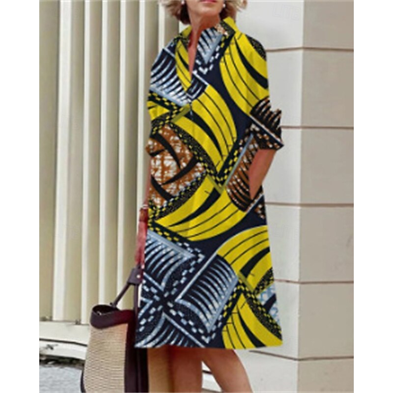 Women's Midi Dress Shirt Dress Casual Dress Fashion Modern Daily Beach Weekend Regular Fit Geometric Long Sleeve Shirt Collar Black Yellow Wine Blue Spring Fall2