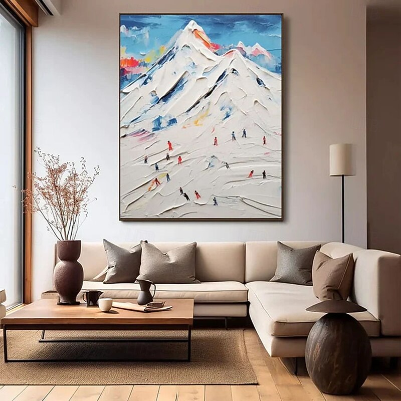 Handmade  3D Textured Mountain Skiing Oil Painting with Gallery Frame - Bold Impasto Brushstrokes in Vibrant Winter Hues Dynamic Skiers on Snowy Peaks Modern Wall Art for Winter Cabin or Ski Lodge2