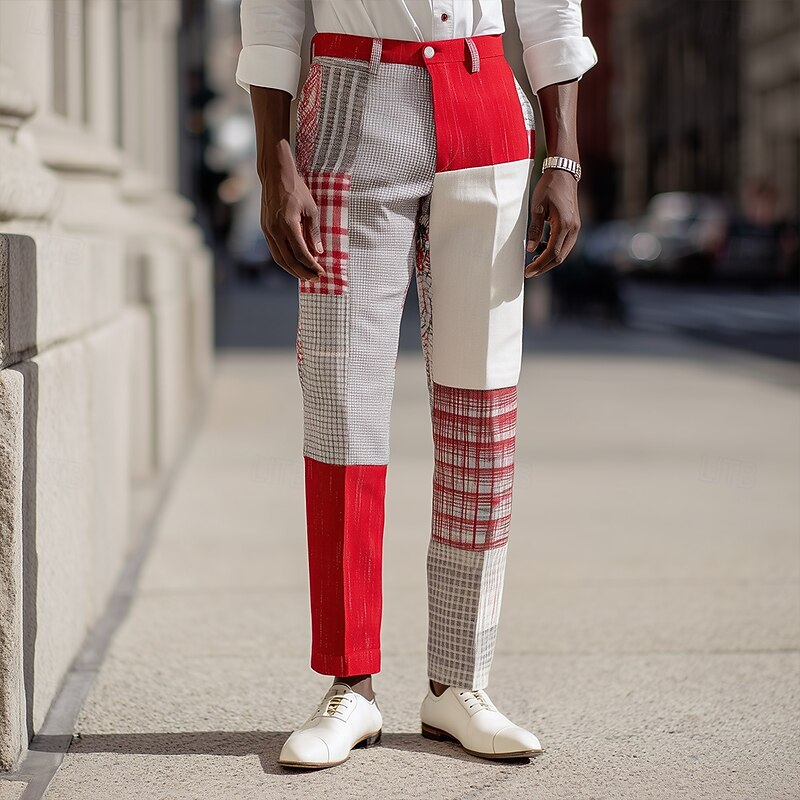 Men's Color Block Patchwork Dress Pants Trousers Suit Pants Mid Waist Ethnic Vintage Retro Outdoor Vacation Regular Fit Flat-Front Straight Leg Pants with Pockets Summer Spring Fall 3D Print Wine Red3