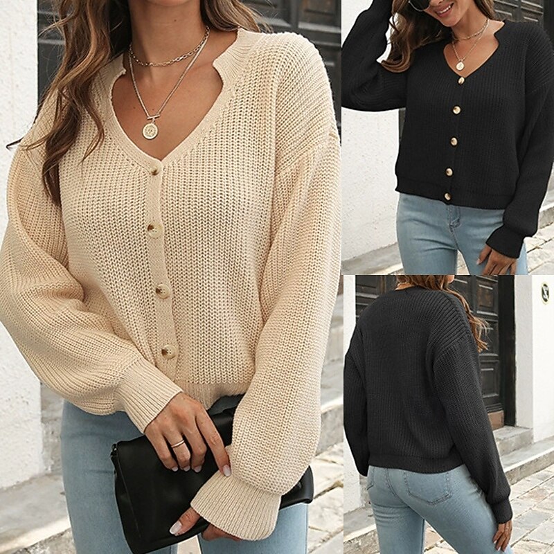 Women's Cardigan Casual Solid Color Chunky V Neck Knitted Long Sleeve Regular Tops Knit Daily Holiday Going out Black Apricot Fall Winter